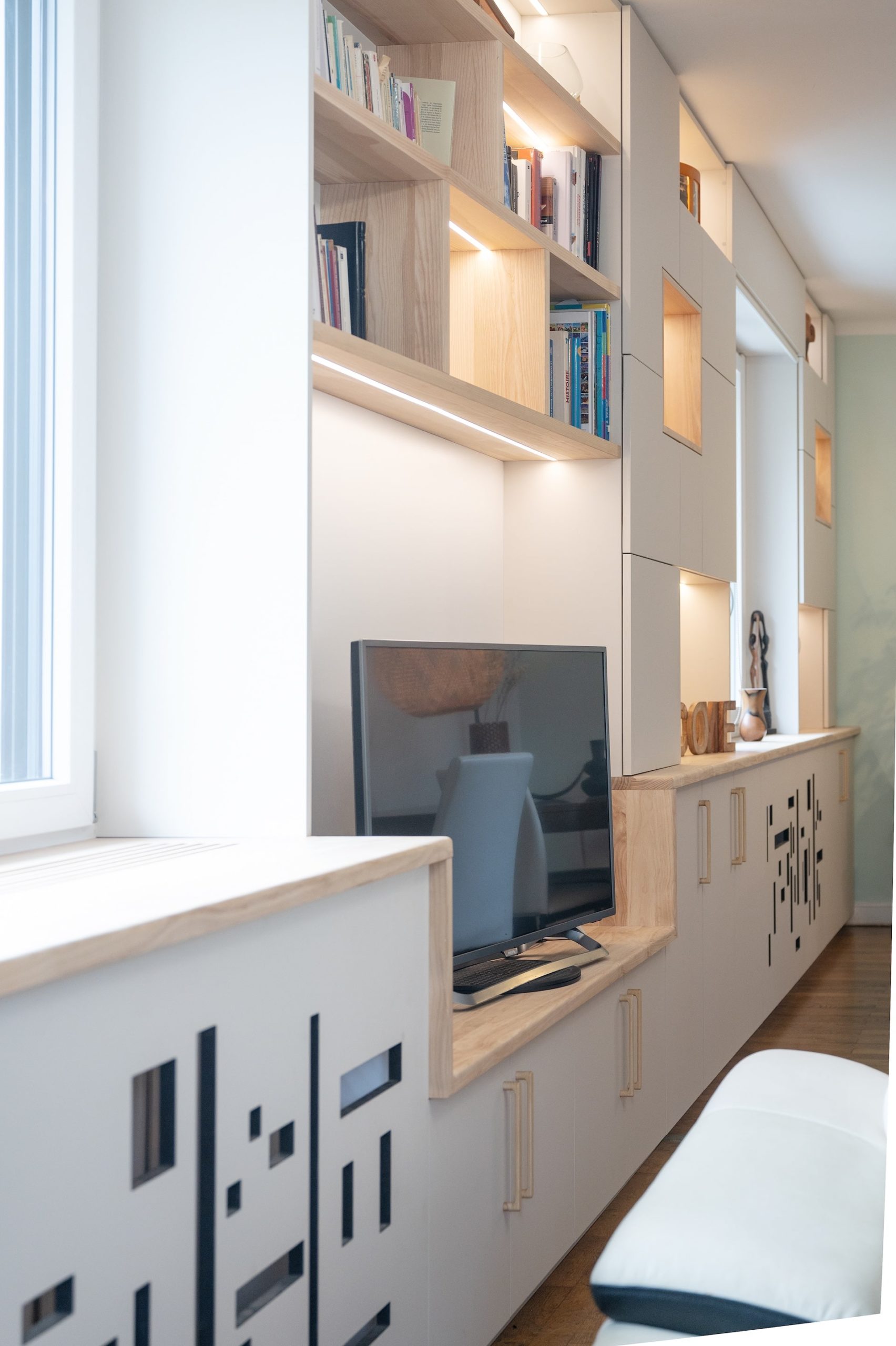 plan trois quart meubles Bibliothèque sur mesure vue de trois quart